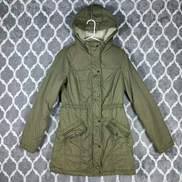 Hollister Olive Green Sherpa Lined Coat Women Medium Hooded Parka Jacket Y2K - Picture 2 of 9